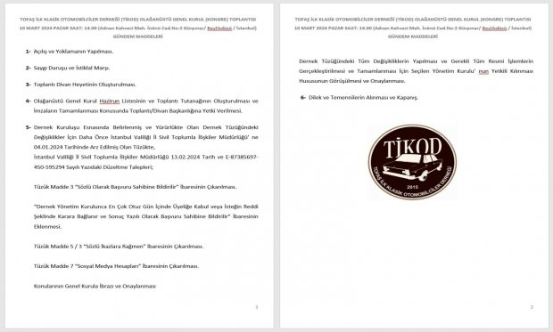 TOFAŞ İLK KLASİK OTOMOBİLCİLER DERNEĞİ (TİKOD) OLAĞANÜSTÜ GENEL KURUL (KONGRE) TOPLANTISI